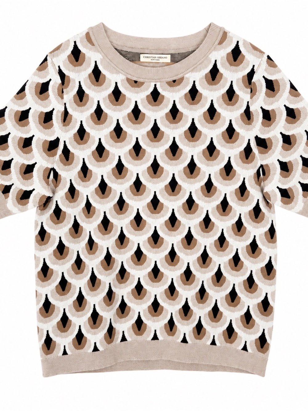 Christian Siriano Geometric Knit Sweater Top Neutral Short Sleeve Pullover Moder - Picture 2 of 9